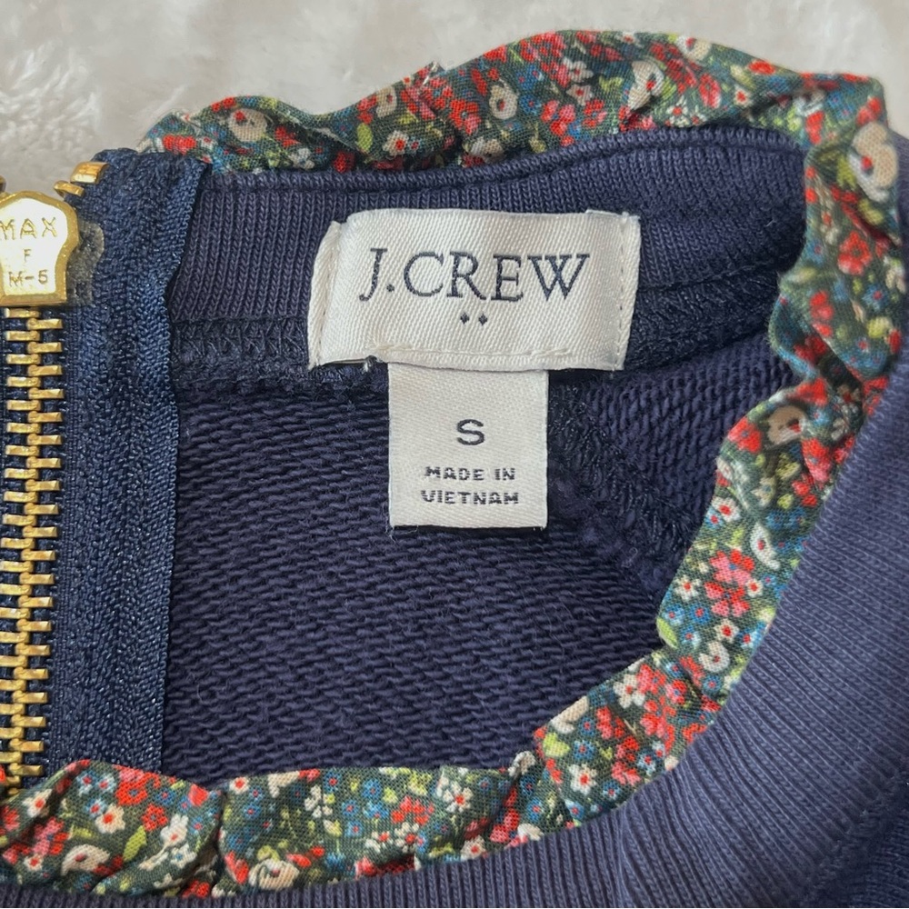 J. Crew Woven Ruffleneck Pullover Sweatshirt Floral Trim Gold Zip Navy Small - Picture 5 of 17